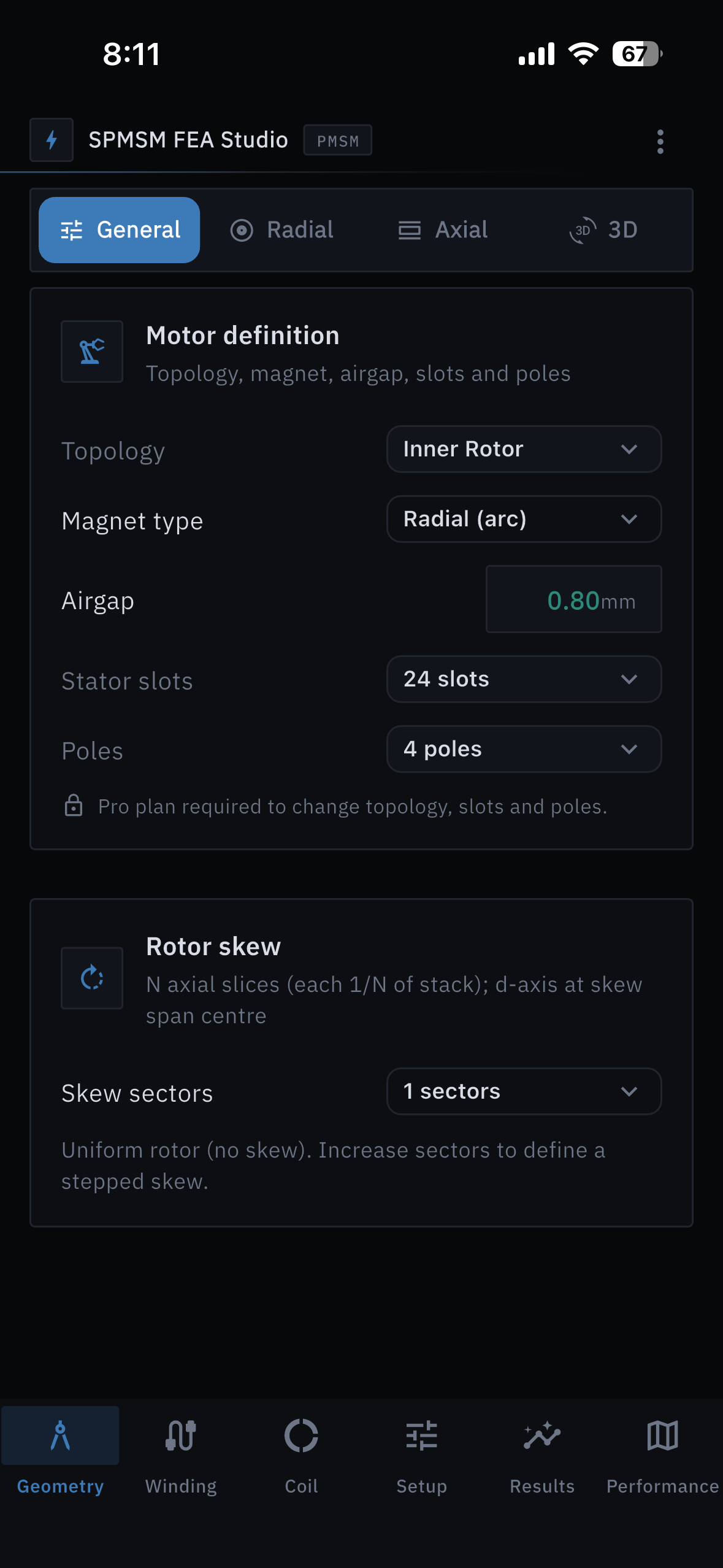 Geometry screen with topology, slots, poles, and rotor skew