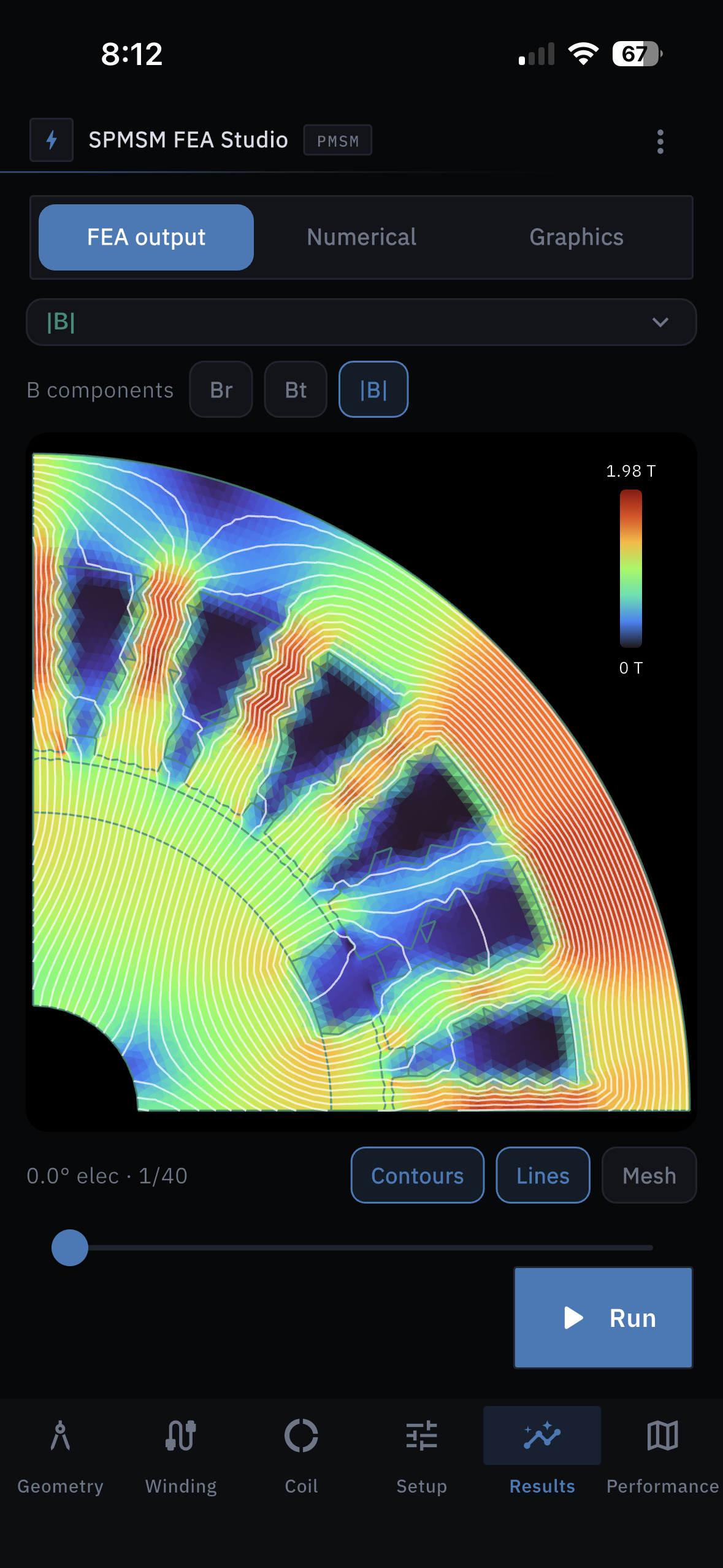 MDS E-Magnetic |B| flux density field map with contours on iPhone